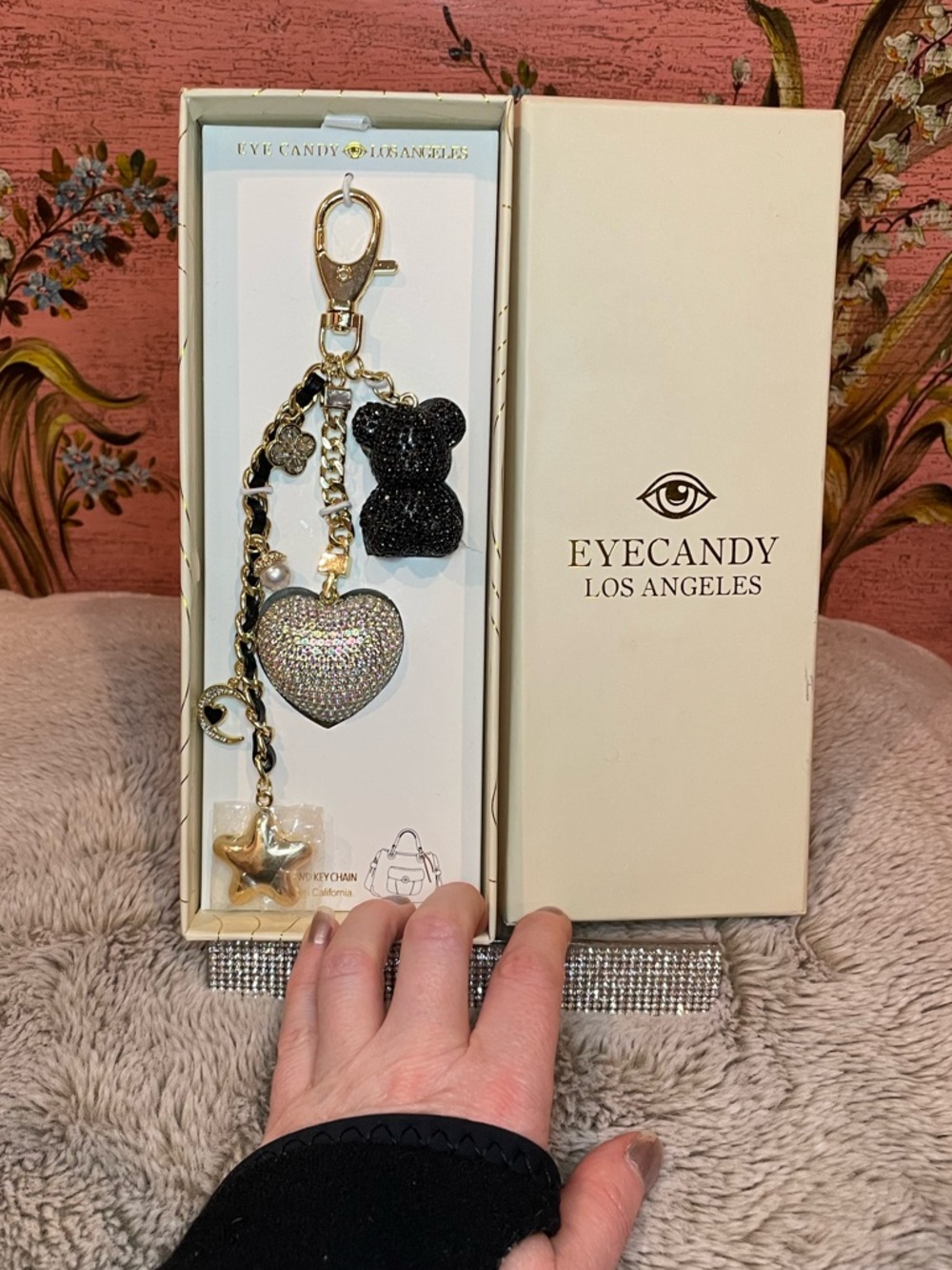 EyeCandy Los Angeles Crystal AB Heart 
With Black Bear Bag Charm/Keychain
